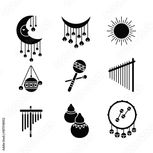 Magical night and day illustration showcasing musical instruments, sun, moon, bells creating an enchanting and whimsical atmosphere, originally a scalable graphic