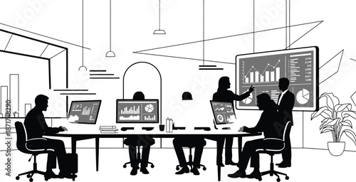 Business professionals collaborate analyzing complex financial data visualizations and growth charts displayed on multiple computer screens during an intense office strategy meeting.