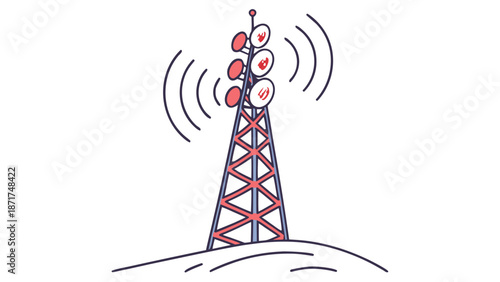 Modern tech vector icon of a 5G signal tower with transmission waves for high-speed telecommunications and mobile network concepts.