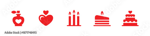 Romantic icon set perfume bottle heart candle cake design element vector valentine day collection