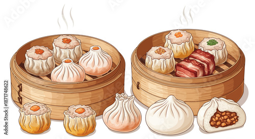 Vibrant illustration of various hot Chinese dim sum, featuring savory dumplings and fluffy buns freshly steamed in traditional bamboo baskets