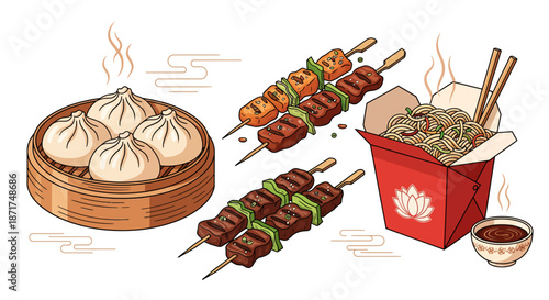 A vibrant assortment of Asian culinary delights featuring steamed dumplings, savory grilled skewers, and a classic noodle takeout box, perfect for an authentic meal experience