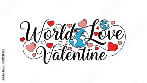 World Love Valentine typography with hearts and globe celebrating global romance and affection for Valentines Day isolated on white