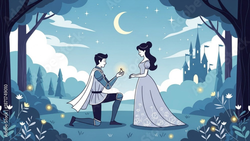 Prince proposing to princess with engagement ring in enchanted forest fairy tale castle in background romantic night scene