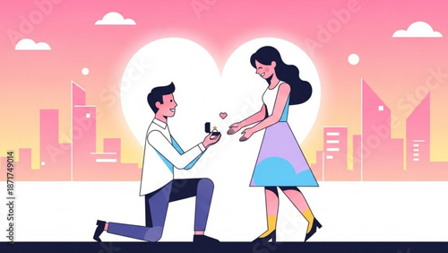 Man proposing marriage with a ring to a woman romantic cityscape background with heart shape illustration for engagement and love concepts