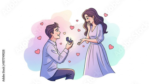 Man proposing marriage with engagement ring to surprised woman romantic proposal with hearts and soft watercolor background illustration for love and relationship concepts