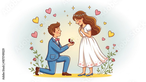 Man proposing marriage to woman with engagement ring romantic proposal scene with hearts and flowers illustration for wedding and love concepts