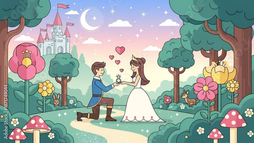 Prince proposing to princess in enchanted forest with castle fairytale romance and magical proposal scene illustration for childrens stories