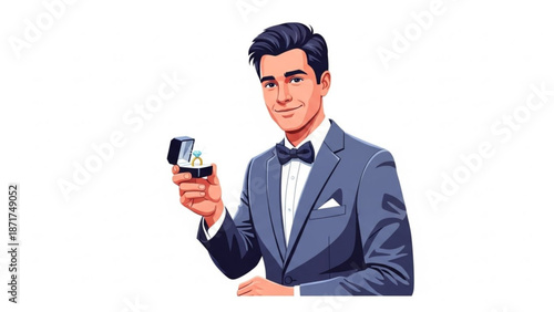 Man in tuxedo proposing with diamond ring in open box romantic gesture for engagement or wedding isolated on white background