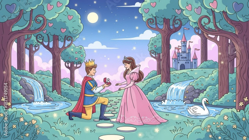 Prince proposing to princess in enchanted forest with castle romantic fairytale scene illustration for storybook and fantasy themes