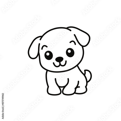 Adorable cartoon puppy sitting calmly and gazing forward with a gentle smile. Soft pastel colors and a heart-warming expression create a cute, friendly illustration perfect for kids, creative designs.