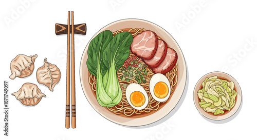 Delicious Asian Noodle Soup With Dumplings and Cabbage Side Dish