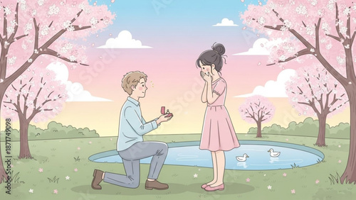 Man proposing to woman with engagement ring in a park with cherry blossoms romantic proposal scene spring season concept