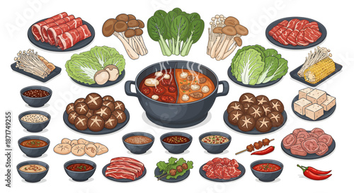 Vibrant hot pot meal illustration featuring fresh ingredients sliced meats, vegetables, mushrooms, tofu, and flavorful dipping sauces