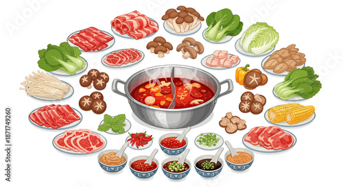 Delicious Assortment of Ingredients for a Hot Pot Meal, Featuring Meats, Vegetables, and Sauces