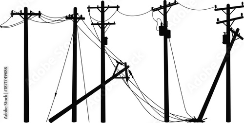 Damaged utility poles, leaning power lines, broken electricity infrastructure, storm aftermath, rural energy failure, dangerous electrical hazard