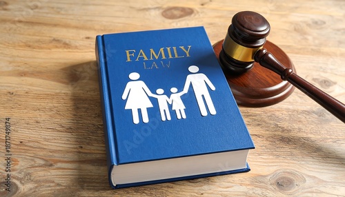 Legal book with family figures, gavel on wooden desk, family law concept
