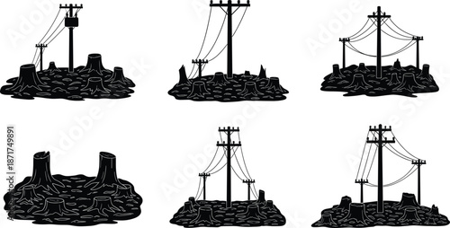 Deforestation illustration, utility pole artwork, power line silhouette, environmental impact design, tree stump concept, ecological destruction