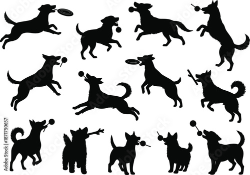 Dog silhouettes playing, jumping, running, frisbee catching, ball chasing, energetic pets, agility art, stock illustration