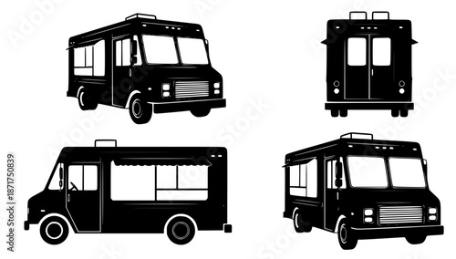 Versatile collection of black and white food truck illustrations, perfect for showcasing mobile culinary businesses, street food vendors, and catering services with diverse design angles