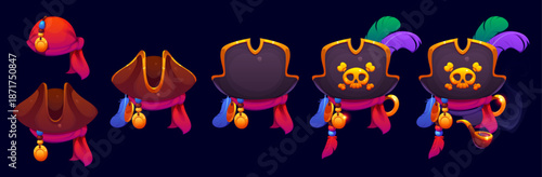 Pirate tricorn hat game rank badge, sport award icon and level achievement medal, vector UI. Cartoon pirate hat and bandana, gold coins, crossbones and skull game progress rating badge or rank trophy