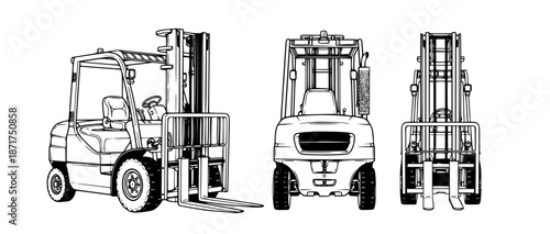 Detailed vector illustration set of an industrial forklift, showcasing various technical perspectives including isometric, front, and side views for machinery design and logistics concepts