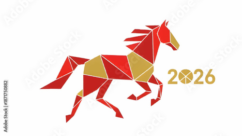 Vibrant geometric red and gold horse illustration symbolizing prosperity and strength for the year 2026, ideal for festive greetings and cultural designs