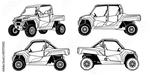 Set of four utility task vehicle side view illustrations in black and white