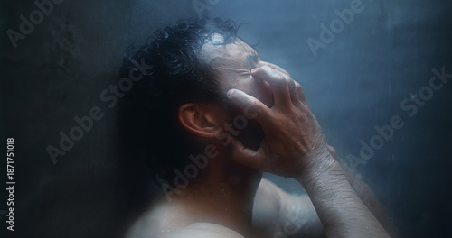 Schilderij op canvas Mental health, angry and man in shower with reflection, anxiety trigger or memory of past trauma