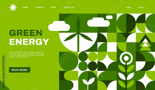 Green energy ecology landing page template with geometric Bauhaus pattern. Renewable power company, green energy production vector landing page. Environment and ecology webpage with Bauhaus pattern