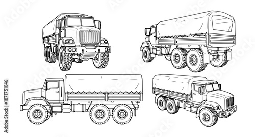 Detailed line art collection of heavy-duty utility and rugged transport trucks, highlighting their robust design and powerful industrial capability for demanding operations