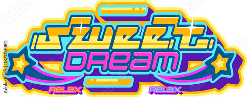 Vibrant color retro Y2K sweet dream icon, emblem element. Funky retro icon, nostalgic funky vector sticker. Cool Y2K label or patch with golden metallic and neon color typography, shooting stars