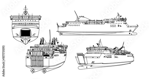 Various detailed illustrations of a large ferryboat viewed from different angles, showcasing its structure and design features