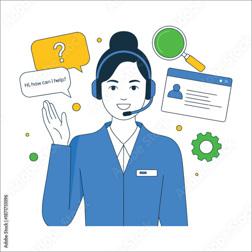 Woman in blue uniform with headset offering help and searching information