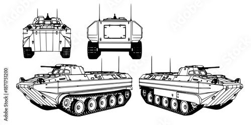 Detailed technical illustration providing multiple perspectives of an amphibious military tracked vehicle, highlighting its robust design for strategic land and water operations