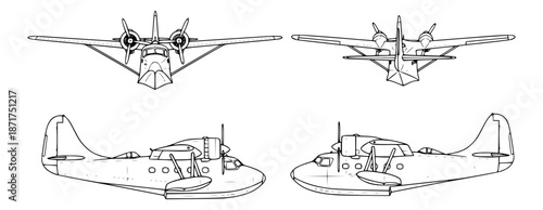 Detailed Technical Drawings of a Vintage Twin-Engine Amphibious Aircraft