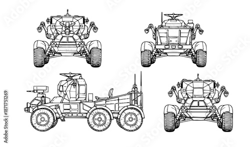 Detailed technical blueprint illustration showcasing multiple perspectives of an advanced lunar exploration rover designed for extraterrestrial terrain and scientific missions