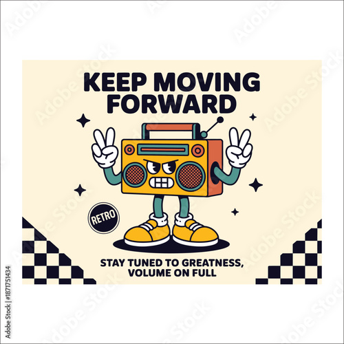 Yellow retro boombox character with peace signs and sneakers on checkered background