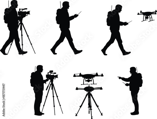 Drone and camera silhouette poses, person with backpack, remote control actions, tripod setup, aerial filming, tech fieldwork, black icons, media production