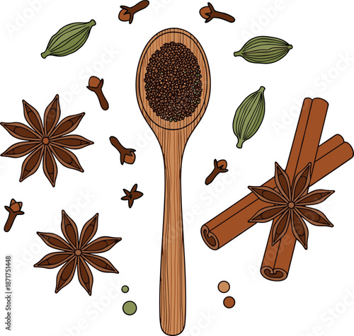 High Quality Illustration of Aromatic Whole Spices Featuring Wooden Spoon Cardamom Cinnamon Star Anise and Cloves on Clean White Background