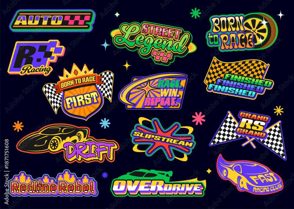 Fototapeta premium Y2k retro groovy racing stickers, car race sport patch labels set. Speed motor vehicle vector icons of retro y2k cars, wheels and tires. Vintage groovy race sport flag, shield, crown and star stickers