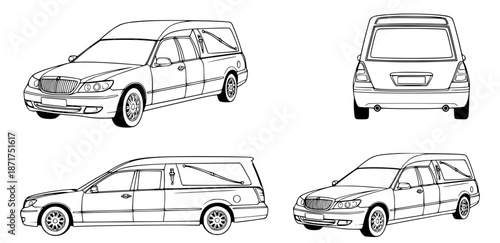 Collection of line drawings showcasing different views of a hearse, an elegant vehicle used for funeral services and transporting the deceased