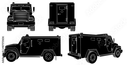 military truck isolated on white : vector illustration showcasing various angles of armored security vehicles, including a robust money transport truck and an agile protected utility veh