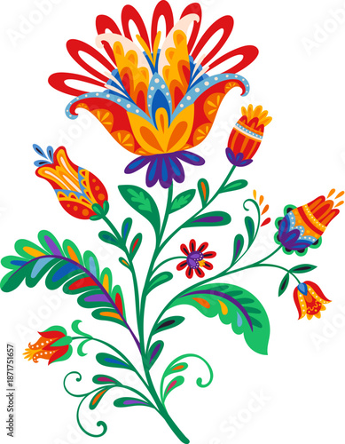 Mexican ethnic print graphic flower object with orange ornate leaves and buds. Hispanic folk plant decor, Latin American ethnic nature vector element. Mexican culture colorful flower decoration
