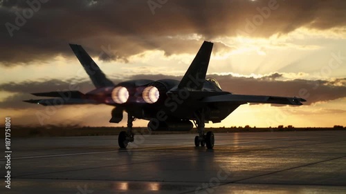 A military  fighter jet  on run way ready to take off blasting bright orange flames 