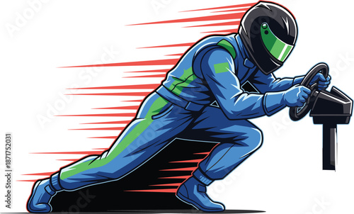 Professional racer in blue suit and helmet driving at high speed, motorsports competition with motion blur, sports car driver vector.