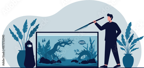 Man with Paintbrush Creating Landscape Diorama in Modern Room with Potted Plants