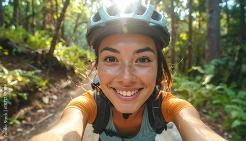 Smiling person on a bicycle trail selfie in a lush forest
