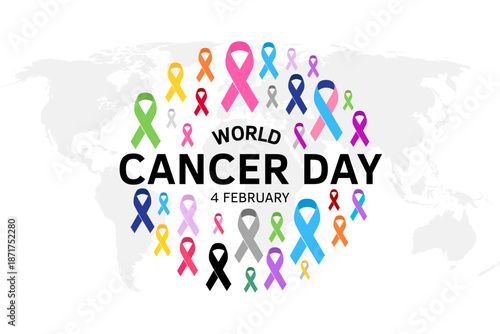 World Cancer Day design with colorful awareness ribbons on white background. Flat world map illustration symbolizing unity, hope, support, and international cancer awareness on February 4