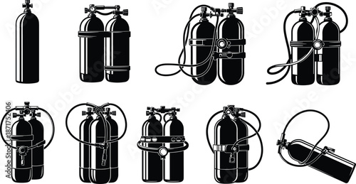 Set of black and white scuba diving oxygen tank illustrations, professional underwater breathing equipment icons, scuba diver gear vector silhouettes.